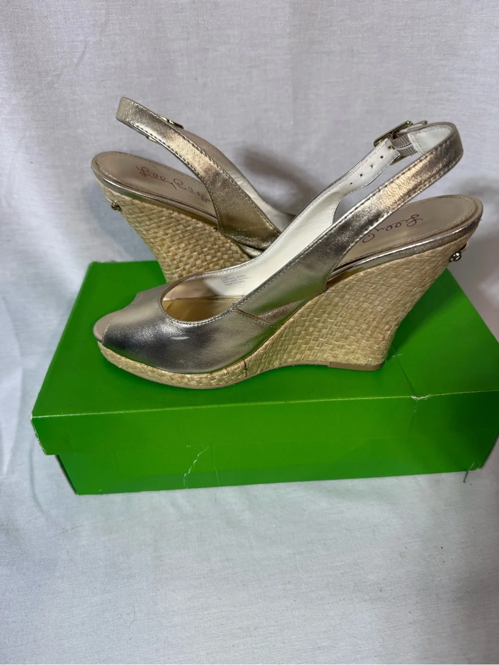 Lilly Pulitzer Gold Peep-Toe Wedge Slingback Sandals Size 9.5